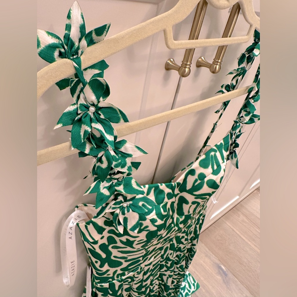 NWT 🌟 Azazie Maggy Green abstract Leaf Print Midi Dress - Picture 8 of 13